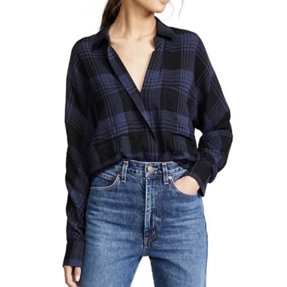 Vince Black and Navy Plaid Button-Front Shirt